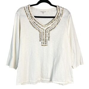 Coldwater Creek Womens Beaded Neck Blouse 1X Ivory 3/4 Sleeve Gold Boho Coastal
